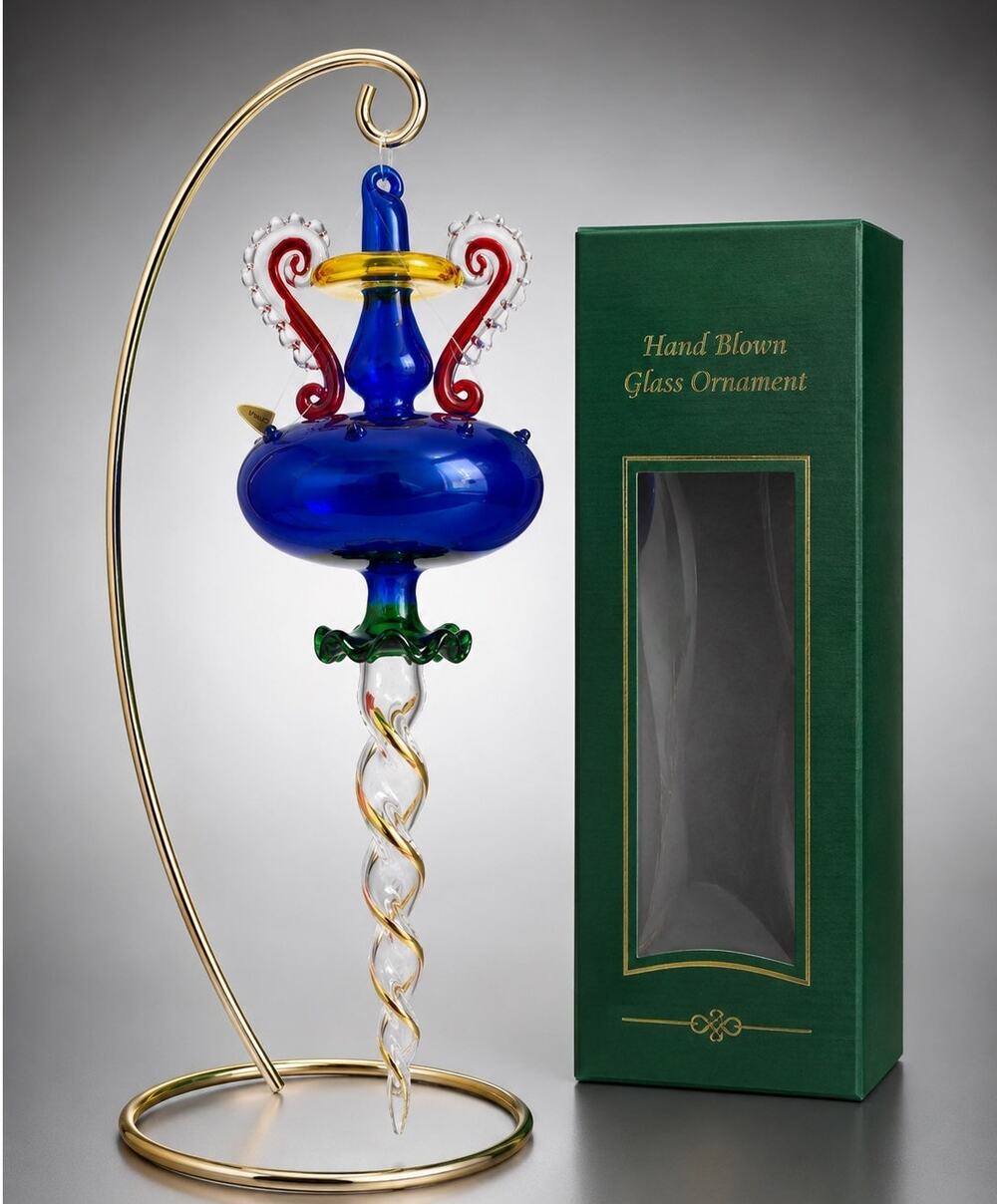 Vintage Hand Blown Art Glass Blue Christmas Finial Ornament w/ Box 8.5” EUC